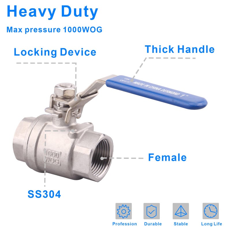 DERNORD Stainless Steel 304 Ball Valve, Full Port Heavy Duty for WOG with Locking Device (1 NPT) - Image 2